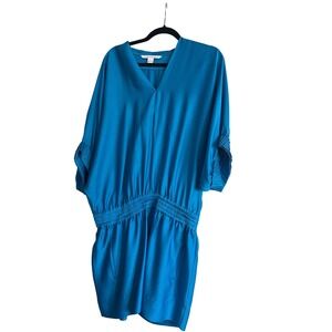 DIANE von FURSTENBERG Blue V Neck Dolman Sleeve Smocked Waist Mini Dress Size 4